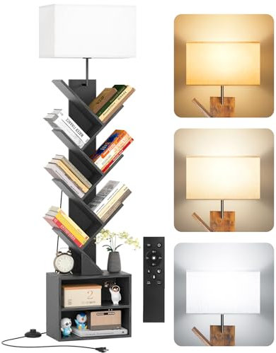 OUTONLIFE Libreria a Forma di Albero in Legno con Luce, Scaffale Autoportante a 9 Ripiani ad Angolo con Mobiletto – Libreria Salvaspazio per Libri, CD, per Soggiorno, Studio, Ufficio (Nero)