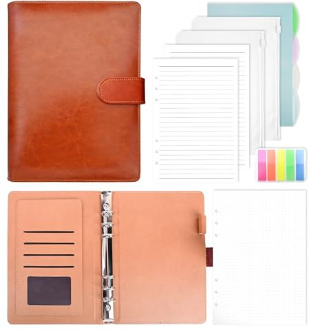 Ringbuch A5 Nachfüllbar, Leder Notizbuch Binder Mit 135 Blätter A5 Nachfüllpapier Und Bindertaschen Für Schulnotizen Reisetagebücher und Organizer(Braun)