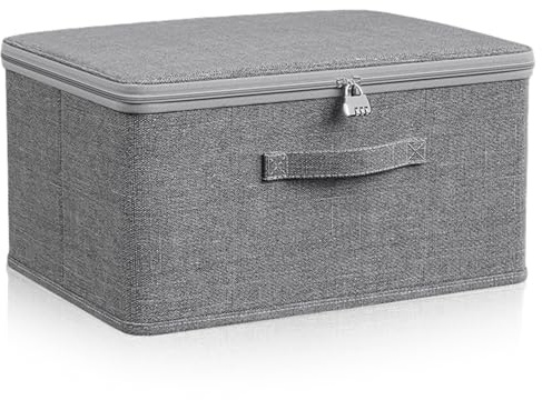 BAIFULAI Abschließbare Box, 40x30x21cm, Grau - Aufbewahrungsbox mit Zahlenschloss, Stoff, Stapelbar, Wasserdicht, Staubdicht, für Kleidung, Toys & mehr
