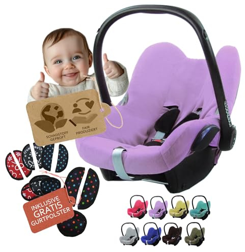 Frottee Sommerbezug [Schonbezug für Babyschale] Autositz kompatibel mit Maxi Cosi Cabrio Fix + GRATIS Gurtpolster (flieder + GP)