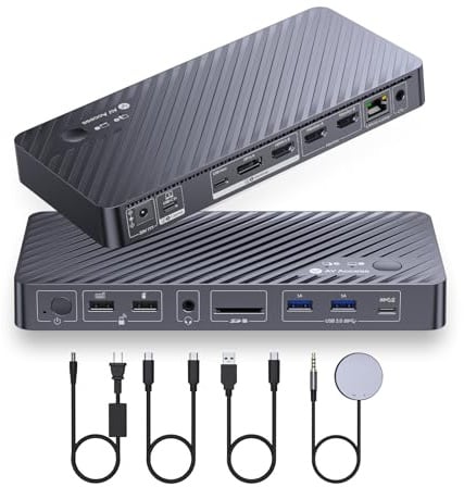 AV Access Dockingstation Dual Monitor für Laptop & Desktop, KVM Switch 2 Monitore 2 Computer mit Ethernet, EDID, 4K@60Hz Dual Display, 4xUSB-A, 1xUSB-C, Netzteil für Laptop, Audio, SD