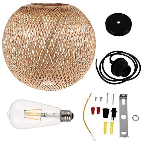 NUOBESTY Bambus Geflochtene Pendelleuchte Runder Deckenhänger Lochmuster Handgefertigt Mit Lichtquelle Für Wohnzimmer Schlafzimmer Esszimmer Küche Dekoration