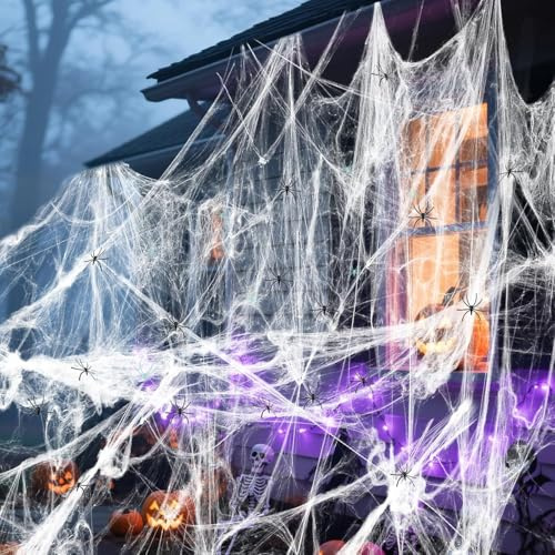 ZELAITE Halloween Deko Spinnennetz, Spinnweben Weiß 210g mit 60 Falschen Spinnen, Halloween Party Dekoration, Spinnennetz Deko-Schaurige Atmosphäre für Ihre Feier (A)