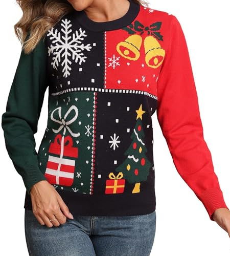 QIXING Weihnachtspullover Damen Rundhals Langarm Strickpullover Damen Christmas Pulli Sweater Lange Ärmel Pullover