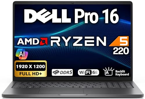 Dell Pro 16 Business Laptop, display FHD+ da 16 pollici (sostituisce Latitude 3550), processore AMD Ryzen 5 220, 16 GB DDR5 RAM, SSD PCIe 256 GB, WiFi 6E + BT, RJ-45, HDMI, tastiera retroilluminata