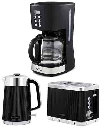 GEEPAS 1.5L Filter Coffee Machine, 1.7L Electric Kettle & 2 Slice Toaster Combo Set | 900W Programmable Drip Coffee Maker | 930W Bread Toaster 7 Browning Levels | 3000W Rapid Boil Cordless Jug Kettle