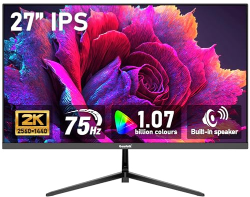 Gawfolk - Monitor per computer IPS 2K QHD (2560 × 1440) da 75 Hz per giochi, 1 ms, sincronizzazione adattiva, 100% sRGB, 1,07 miliardi di colori, altoparlante integrato, visualizzazione 1.4, porta