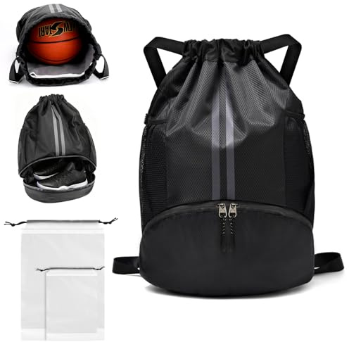 PE Bags Drawstring, Waterproof Unisex Swimming Sports Gym Black Backpack | Football Boot Bag with Shoe Compartment, Nylon Kit Sack Wet Dry Separation for Kids Adults Men Women School 18.5*12.6*6.3in