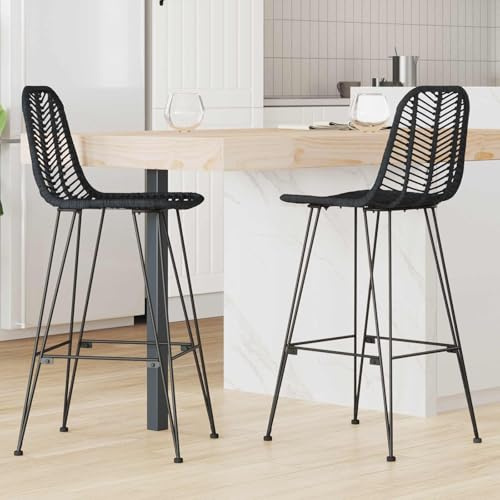 2er Set Barhocker, Schwarz Rattan & Eisen, 44,5 x 53 x 111 cm, Hochlehner Stühle mit Fußstütze für Küche, Theke, Esszimmer, Robust & Modern, 220 kg Tragkraft