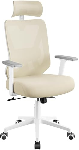 Yaheetech Chaise de Bureau Ergonomique Inclinaison Verrouillable Beige | Fauteuil Bureau Support Lombaire et Appui-tête Réglables, Roulettes Pivotantes , Charge 136kg pour Personnes de Grande Taille