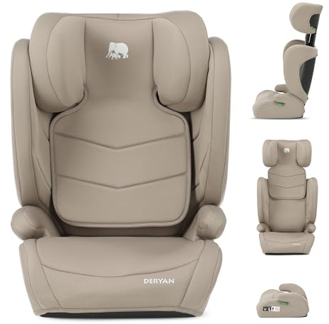 Deryan Charlie i-Size Kindersitz 100-150 cm - Gruppe 1/2/3, 9-36kg, 3,5 bis 12 Jahre, Autokindersitz mit Gurtbefestigung - Einstellbare Kopfstütze, Seitenaufprallschutz - Nougat