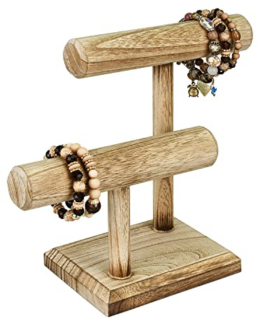 Ikee Design 2-stöckiger Holzständer für Schmuck, Armbänder, Uhren, Armreif, Haargummi, Halskettenhalter, Aufbewahrungsständer, Eichenfarben, 20 x 10 x 23 cm (B x T x H)