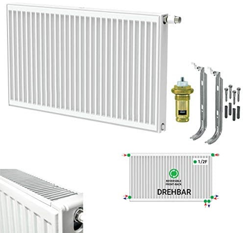 Belrad Typ 22 (Höhe x Breite) 900x400 mm Universalheizkörper Kompakt & Ventilheizkörper Halter & Ventil - 6 Anschlüsse
