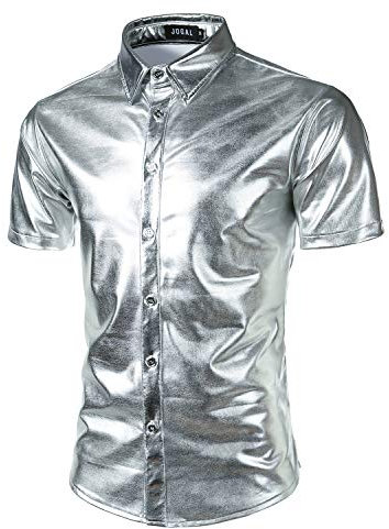 JOGAL Herren Metallic Glänzend Bronzing Nachtklub Party Hemd Medium Silber