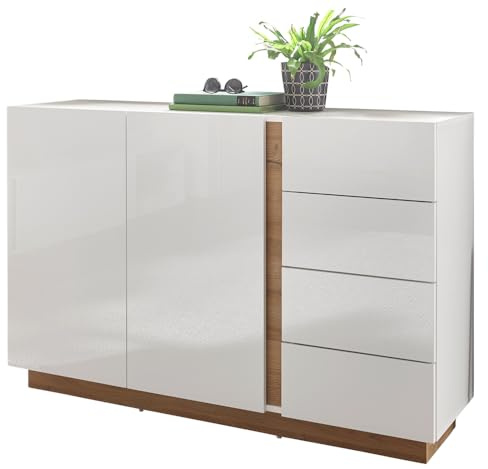 Lomadox Sideboard mit 2 Türen und 4 Schubkästen im modernen Stil in weiß Glanz und Grandson Oak