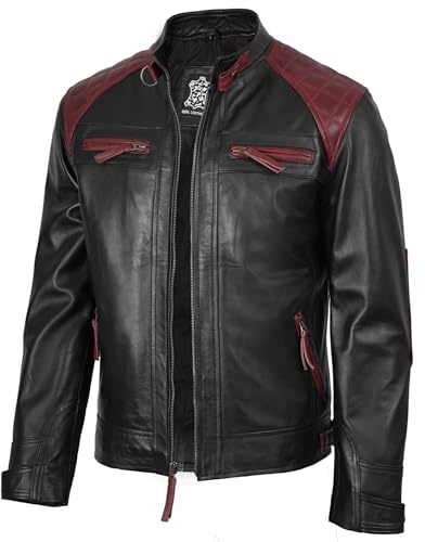 fjackets Real Lambskin Leather Biker Jacket — Quilted Cafe Racer Zip Up Moto Jacket Men | [1107894] Rollins Black and Maroon Leather Jacket,L