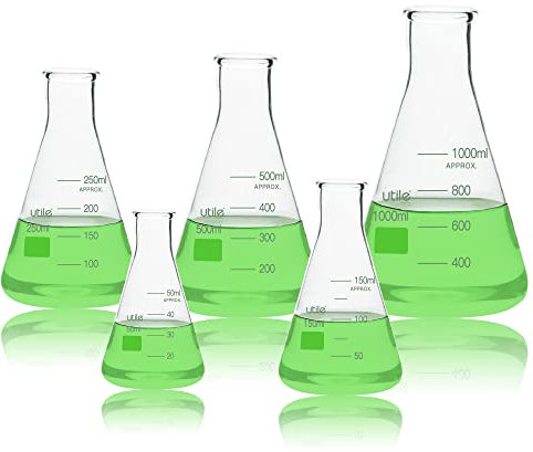 Utile 5 Size of Narrow Mouth Glass Erlenmeyer Conical Flasks, Vol. 50ml 150ml 250ml 500ml and 1000ml, Borosilicate 3.3 Glass with Printed Graduation, 4016.9913.1
