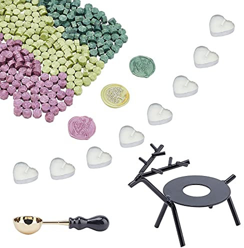 craspire Wax Seal Kit, 510 STÜCKE Wachssiegelperlen Mit Hirscheisen-Wachswärmer Und Wachsschmelzlöffel, 8 STÜCKE Kerzen Zum Versiegeln von Einladungskarten Geschenk (Lila + Grün + Gelbgrün)