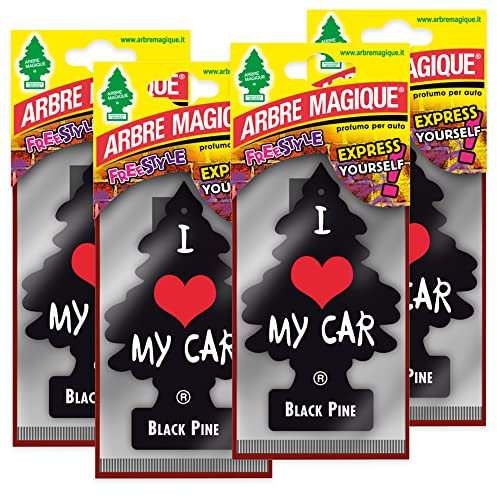 Arbre Magique Mono, Parfum de voiture, Parfum de pin noir, Parfum dynamique et énergique, Durée de vie jusqu'à 7 semaines, Fabriqué en Italie, Pack de 4