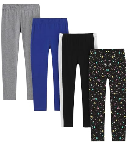LAPASA Pacco da 4 Leggings Bambina Sportivi Yoga Elastici Comodi età 3-13 Anni G11 7-8 Anni Grigio Melange, Blu, Polvere di Stelle, Nero con Striscia Bianca