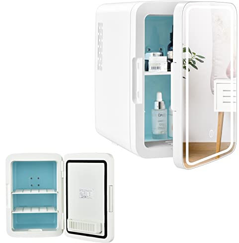 RELAX4LIFE Mini Frigo de Chambre 10L avec Miroir LED, Mini Réfrigérateur Voiture 12V 220V Chaud et Froid -5-50℃ pour Cosmétiques et Aliments Frais ou Chauds, Portable pour Chambre et Voyage (Blanc)