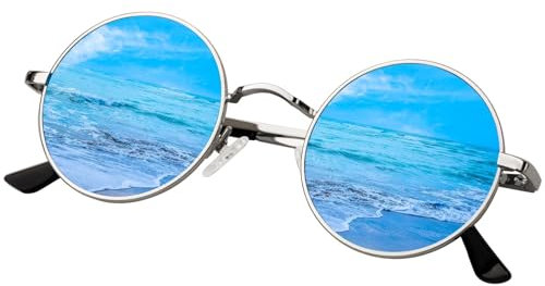 KANASTAL Runde Sonnenbrille Herren Damen Klassische Retro Polarisierte Sonnenbrille Rund mit Metallrahmen Vintage Hippie Rave Brille UV400 Schutz, Silber Rahmen Verspiegelt Blau Gläser