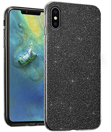 Wousunly Kompatibel mit iPhone XS Max Hülle Silikon TPU Glitzer,Handyhülle iPhone XS Max 3 In 1 Dünn Transparent Stoßfeste,Schutzhülle iPhone XS Max Kratzfest Anti Rutsch (Schwarz)