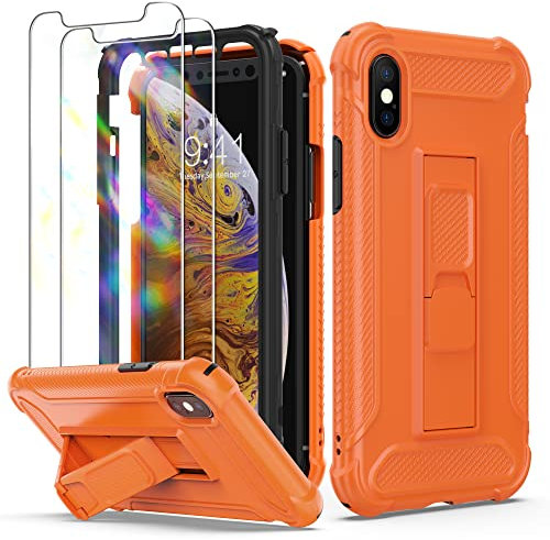 ORETECH [5-in-1 für iPhone XS Hülle/iPhone X Hülle, mit [2 Stück Schutzfolie, Ständer, Vordere und Hintere Hülle], Handyhülle iPhone X, [Militärschutz] Stoßfest Schutzhülle Hülle iPhone X/XS, Orange