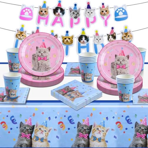 MIUNUO Katzen Party Geschirr,Kätzchen Partygeschirr,Katzen Geburtstag Deko,Katzen Party Dekorations,Cat Partyzubehör Dekoration Set, Einschließlich Tellern Servietten Tischdecken Tassen für 16 Gäste