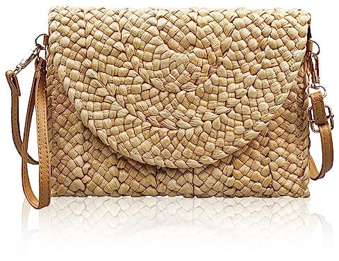 Grantop Women's Straw Clutch Purse, Beach Shoulder Tote Handbag with Adjustable Strap Natural Handmade Woven Straw Shoulder Bag Summer Purse Bag for Evening Party