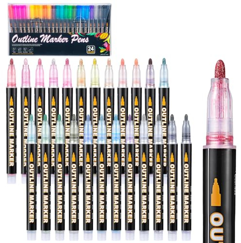 Mzh Art Double Line Metallic Markers 24 Farben Outline Stifte Glitzerstifte für die Gestaltung Ihrer eigenen Fotoalbum, Gästebuch, Scrapbook