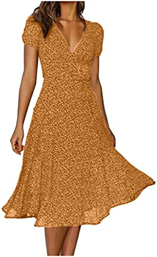 Women Dresses Clearance, Ladies Short Sleeve Maxi Dresses V Neck Floral Swing A-Line Midi Dresses Beach Boho Polka Dot Dress Casual Loose Evening Party Elegant Wedding Guest Dresses Yellow
