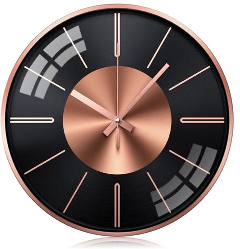 October Elf Modern Wall Clocks, Black and Rose Gold Wall Clock, Silent Wall Clocks for Living Room, Stylish kitchen clocks wall, 12inch Large Metal Wall Clock for Home, Bedroom, Office Decoration
