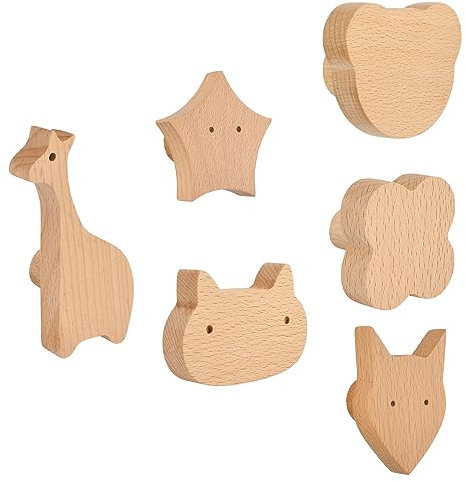MOROBOR 6pcs Wild Tier Buche Holz Griffe, Giraffe, Bär, Katze, Fuchs, Seestern, vierblättrige Klee Form Griffe für Kinderzimmer Dekoration Schrank Knöpfe