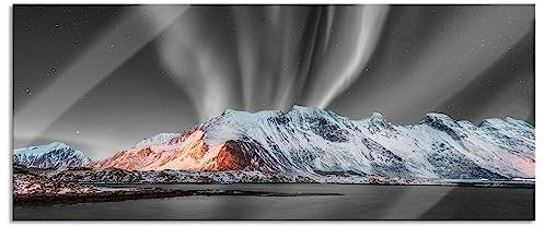 Pixxprint Glasbild Panorama, Wandbild aus Echtglas, Nordlichter über Gletscher in Norwegen B&W Detail, 120x50 cm, inkl. Aufhängung und Abstandshalter
