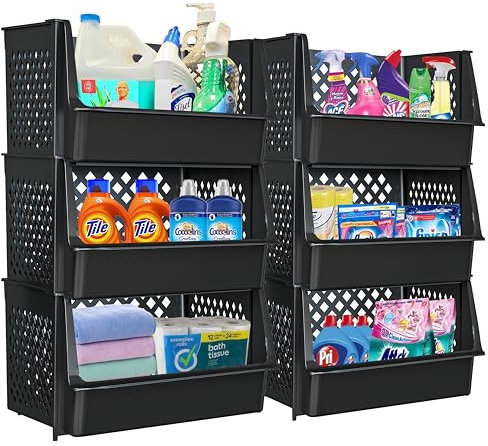 TidyFriend Plastic Stackable Bins for Pantry, 6 Pack Large Stacking Bins Open Front Kitchen, and Bathroom Organization, Open Front Design (Black)