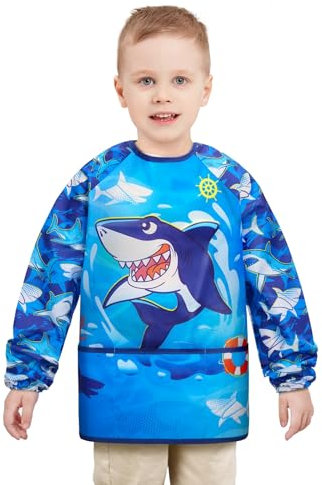 WERNNSAI Shark Toddler Smock - Kids Art Smocks for Boys Ages 3-8 Shark Painting Artist Waterproof Craft Eating Cooking Baking Gardening Apron with Long Sleeve 3 Pockets