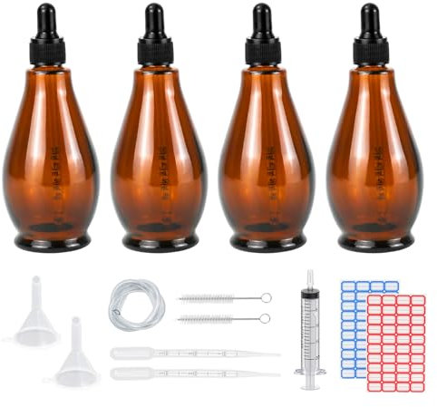 Episkey 4 Stk Pipettenflasche Glasflasche 100ml, Apothekerglas Tropfflasche Birnenform Bernsteinglas Set mit schwarzer Pipettenkappe&Hilfszubehör für Ätherische Öle Parfüm Lösungen DIY (Braun 100ml)