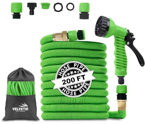 VELVETIO Expandable Strong Garden Hose Pipe 200FT, 7 Function Nozzle Spray Gun with 3/4 1/2 1 Leakproof Connector, 4 Layer Latex Core No Kink Flexible Hose for Outdoor & Car Wash, Green