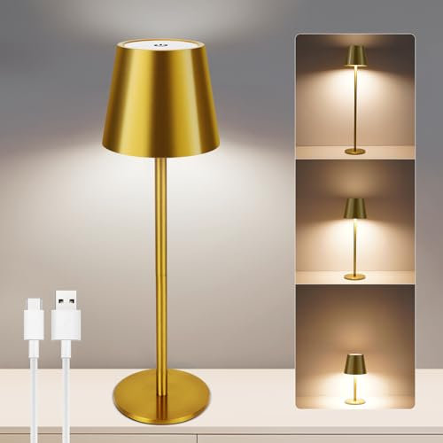 VARICART LED Tischlampe Kabellos mit Touch, USB-C Dimmbare Tischleuchte Akku LED mit 3 Farbtemperatur, Höhenverstellbar, IP54 wasserdicht für Restaurant, Schlafzimmer, Bar, im Freien(Gold)