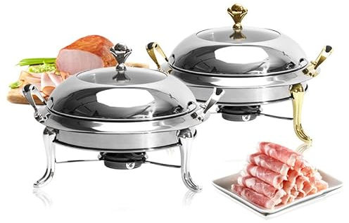Round Buffet, Stainless Steel Hotpot Full Size Insulated Buffet Plate Dining Plate with Viewable Lid, Food Plate and Fuel Rack, Gold, 28cm (Silver 22cm) (Gold 24cm)