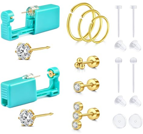 QSKISS Ohrloch Stecher Set Ohrringe Selber Stechen Ear Piercing Kit Herz Stern Form Chirurgenstahl& Clohrpiercing Piercing Ohr
