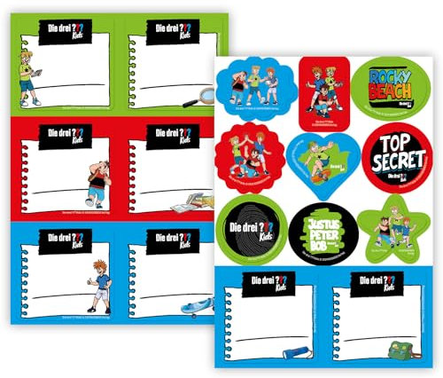 DH-Konzept 17-tlg. Aufkleber-Set * DIE DREI ??? KIDS * für Schule, Basteln, als Mitgebsel oder Geschenk - Rot-blau, Cartoon, Kunststoff, Papier, Rechteckig, Wiederverwendbar, indoor