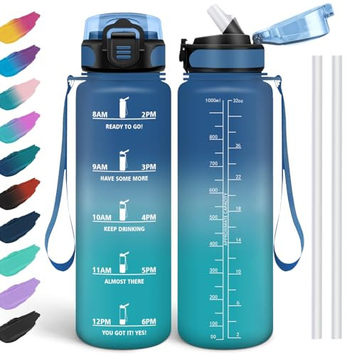 HoneyHolly Wasserflasche 1l, Auslaufsicher, Trinkflasche für Kohlensäurehaltige Getränke, Wasserflasche BPA-Frei, Trinkflasche mit Strohhalm, Trinkflasche Sport für Schule, Fahrrad, Fitness