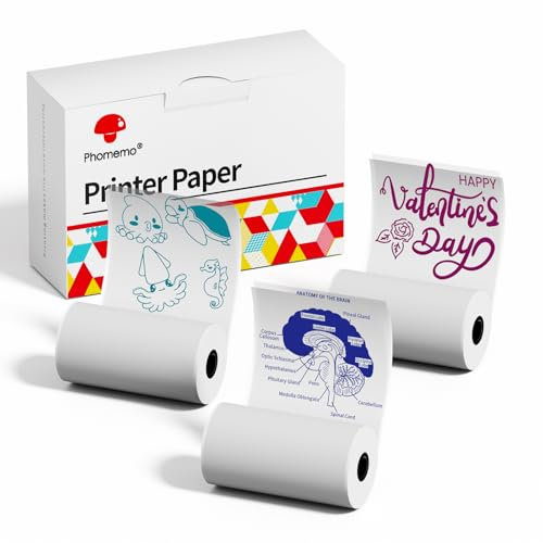 Phomemo Thermopapier für Mini Drucker, Aufkleber Druckerpapier Rolle für Fotos, Notizen, Memos und DIY, transparenter Hintergrund, rosa/blauer/grüner Text, 3 Rollen
