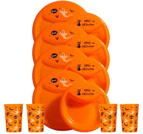 Halloween Reuseable 12 Piece Set, Kids Tableware Dinnerware Set for Halloween, Spooky Lightweight Material, 4 Plates, 4 Bowls & 4 Cups BPA Free Tiny to Tots