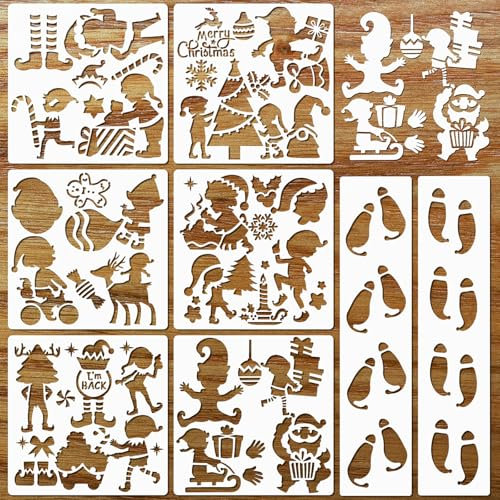 HOWAF Pochoir Noel, 8 Pièces Pochoir Empreinte de Lutin, Lutins Farceurs de Noel Accessoires Pochoir Dessin Enfant, Pochoir Elfe de Noel, Pochoir Noel pour Fenêtre, Decoration Noel