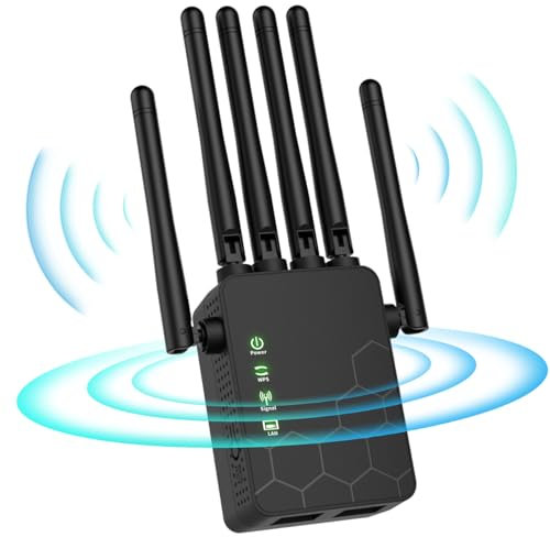Repetidor WiFi,Amplificador señal WiFi Potente,6 Antenas,2 Puertos LAN,Extensor WiFi para el Hogar y la Oficina,Fácil de Instalar,Amplificador WiFi,10000Sq.in área de Cobertura,WiFi Extender (Negro)