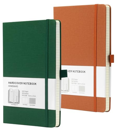 HOMEMARS Notizbuch, Notebook, Notizbuch Blanko A5, Journal buch, Skizzenbuch, Notizblock, Notizbücher a5, 100GSM, 200 Pages, 2 Stück, Blanko Papier,Hardcover,Grün Braun,mit Lesezeichen