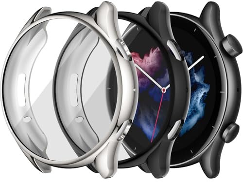 Tuocal 2 Stück Hülle Kompatibel für Amazfit GTR 3 Schutzhülle/Amazfit GTR 3 Pro Schutzhülle, Flexibles TPU Displayschutz Case 360° Rundum Kratzfest Abdeckung Ultradünne Schutz Gehäuse